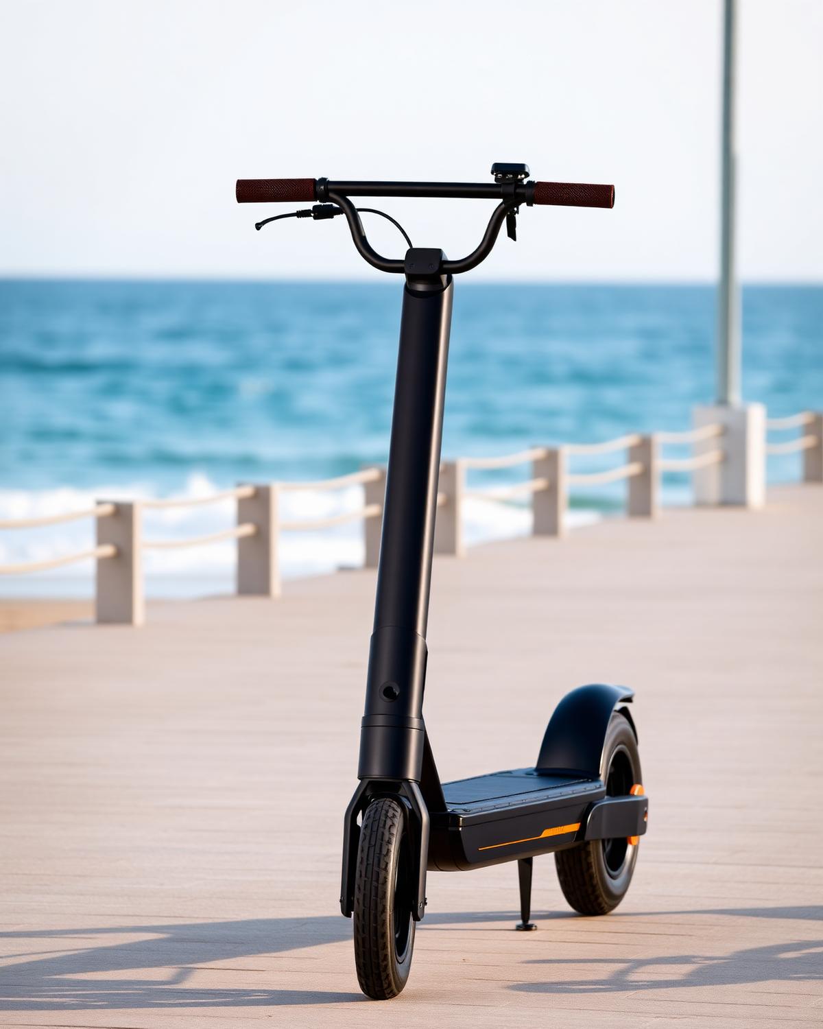 Two friends riding scooters by the ocean
