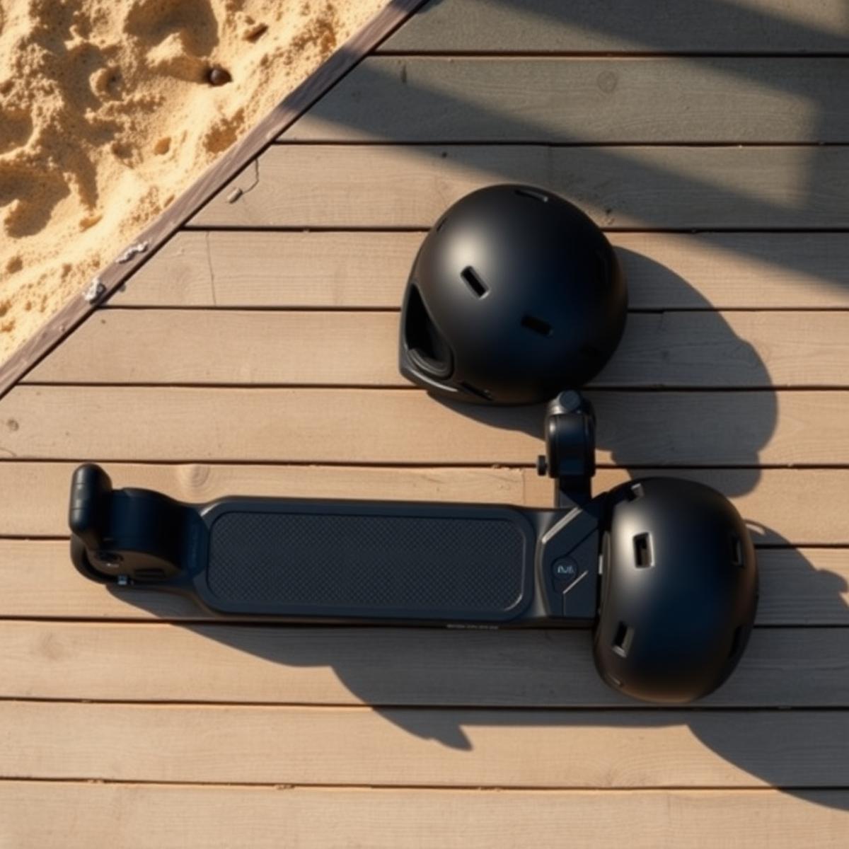 Helmet, phone and scooter flat lay